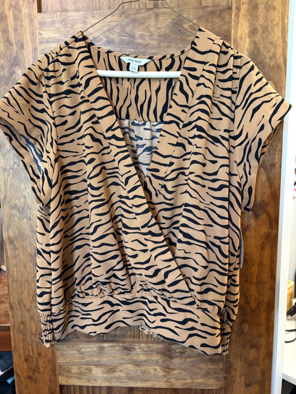 Nine West Black and Tan Zebra-Print Surplice Blouse